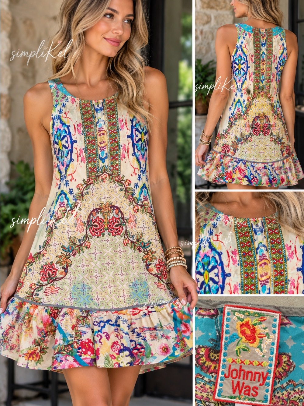 Johnny Was 100% Silk Floral Patchwork Boho Ruffle Dress Size S